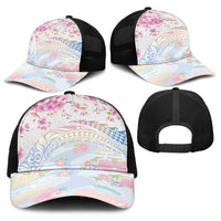 Hawaiian and Japanese Culture Together Baseball Net Cap Tribal Motifs with Lei and Japanese Sakura Pattern