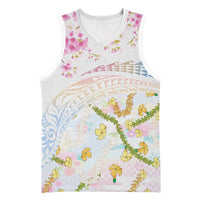 Hawaiian and Japanese Culture Together Basketball Jersey Tribal Motifs with Lei and Japanese Sakura Pattern LT03 Unisex White - Polynesian Pride