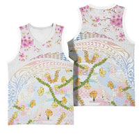 Hawaiian and Japanese Culture Together Basketball Jersey Tribal Motifs with Lei and Japanese Sakura Pattern LT03 - Polynesian Pride