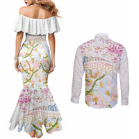 Hawaiian and Japanese Culture Together Couples Matching Mermaid Dress and Long Sleeve Button Shirt Tribal Motifs with Lei and Japanese Sakura Pattern LT03 - Polynesian Pride