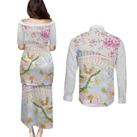 Hawaiian and Japanese Culture Together Couples Matching Puletasi and Long Sleeve Button Shirt Tribal Motifs with Lei and Japanese Sakura Pattern LT03 - Polynesian Pride