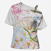 Hawaiian and Japanese Culture Together Cross Shoulder Shirt Tribal Motifs with Lei and Japanese Sakura Pattern LT03 Female White - Polynesian Pride