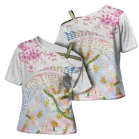 Hawaiian and Japanese Culture Together Cross Shoulder Shirt Tribal Motifs with Lei and Japanese Sakura Pattern LT03 - Polynesian Pride