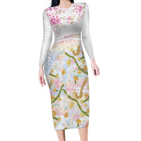 Hawaiian and Japanese Culture Together Family Matching Long Sleeve Bodycon Dress and Hawaiian Shirt Tribal Motifs with Lei and Japanese Sakura Pattern LT03 Mom's Dress White - Polynesian Pride