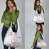 Hawaiian and Japanese Culture Together Grocery Bag Tribal Motifs with Lei and Japanese Sakura Pattern
