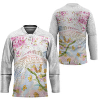 Hawaiian and Japanese Culture Together Hockey Jersey Tribal Motifs with Lei and Japanese Sakura Pattern LT03 - Polynesian Pride