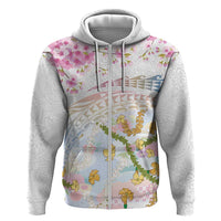 Hawaiian and Japanese Culture Together Hoodie Tribal Motifs with Lei and Japanese Sakura Pattern LT03 Zip Hoodie White - Polynesian Pride