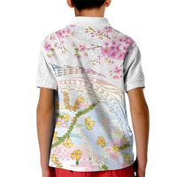Hawaiian and Japanese Culture Together Kid Polo Shirt Tribal Motifs with Lei and Japanese Sakura Pattern LT03 - Polynesian Pride