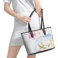 Hawaiian and Japanese Culture Together Leather Tote Bag Tribal Motifs with Lei and Japanese Sakura Pattern