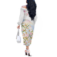 Hawaiian and Japanese Culture Together Off The Shoulder Long Sleeve Dress Tribal Motifs with Lei and Japanese Sakura Pattern LT03 - Polynesian Pride