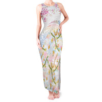 Hawaiian and Japanese Culture Together Tank Maxi Dress Tribal Motifs with Lei and Japanese Sakura Pattern LT03 Women White - Polynesian Pride