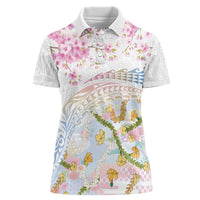 Hawaiian and Japanese Culture Together Women Polo Shirt Tribal Motifs with Lei and Japanese Sakura Pattern LT03 Female White - Polynesian Pride