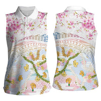 Hawaiian and Japanese Culture Together Women Sleeveless Polo Shirt Tribal Motifs with Lei and Japanese Sakura Pattern LT03 - Polynesian Pride