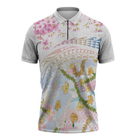 Hawaiian and Japanese Culture Together Zipper Polo Shirt Tribal Motifs with Lei and Japanese Sakura Pattern LT03 White - Polynesian Pride