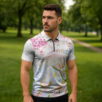 Hawaiian and Japanese Culture Together Zipper Polo Shirt Tribal Motifs with Lei and Japanese Sakura Pattern LT03 - Polynesian Pride