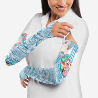 Hawaiian and Japanese Culture Together Arm Sleeves Tropical Honu with Japanese Elements Blue Color