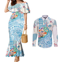 Hawaiian and Japanese Culture Together Couples Matching Mermaid Dress and Long Sleeve Button Shirt Tropical Honu with Japanese Elements Blue Color LT03 Blue - Polynesian Pride