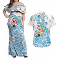 Hawaiian and Japanese Culture Together Couples Matching Off Shoulder Maxi Dress and Hawaiian Shirt Tropical Honu with Japanese Elements Blue Color LT03 Blue - Polynesian Pride