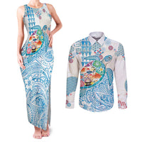 Hawaiian and Japanese Culture Together Couples Matching Tank Maxi Dress and Long Sleeve Button Shirt Tropical Honu with Japanese Elements Blue Color LT03 Blue - Polynesian Pride