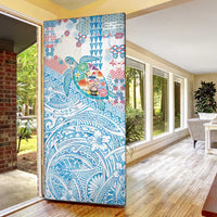 Hawaiian and Japanese Culture Together Door Cover Tropical Honu with Japanese Elements Blue Color