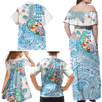 Hawaiian and Japanese Culture Together Family Matching Off Shoulder Maxi Dress and Hawaiian Shirt Tropical Honu with Japanese Elements Blue Color LT03 - Polynesian Pride