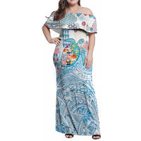 Hawaiian and Japanese Culture Together Family Matching Off Shoulder Maxi Dress and Hawaiian Shirt Tropical Honu with Japanese Elements Blue Color LT03 Mom's Dress Blue - Polynesian Pride