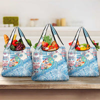 Hawaiian and Japanese Culture Together Grocery Bag Tropical Honu with Japanese Elements Blue Color