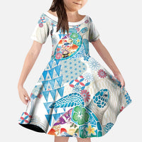 Hawaiian and Japanese Culture Together Kid Short Sleeve Dress Tropical Honu with Japanese Elements Blue Color LT03 KID Blue - Polynesian Pride