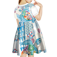 Hawaiian and Japanese Culture Together Kid Short Sleeve Dress Tropical Honu with Japanese Elements Blue Color LT03 - Polynesian Pride