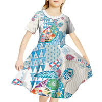 Hawaiian and Japanese Culture Together Kid Short Sleeve Dress Tropical Honu with Japanese Elements Blue Color LT03 - Polynesian Pride