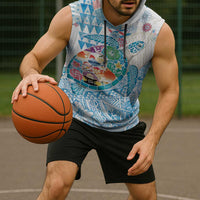 Hawaiian and Japanese Culture Together Sleeveless Hoodie Tropical Honu with Japanese Elements Blue Color