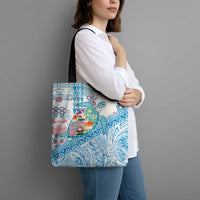 Hawaiian and Japanese Culture Together Tote Bag Tropical Honu with Japanese Elements Blue Color