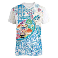 Hawaiian and Japanese Culture Together Women V-Neck T-Shirt Tropical Honu with Japanese Elements Blue Color LT03 Female Blue - Polynesian Pride