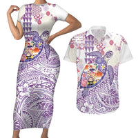 Hawaiian and Japanese Culture Together Couples Matching Short Sleeve Bodycon Dress and Hawaiian Shirt Tropical Honu with Japanese Elements Purple Color LT03 Purple - Polynesian Pride