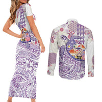 Hawaiian and Japanese Culture Together Couples Matching Short Sleeve Bodycon Dress and Long Sleeve Button Shirt Tropical Honu with Japanese Elements Purple Color LT03 - Polynesian Pride