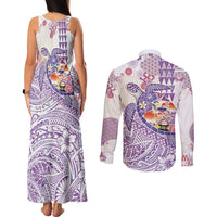 Hawaiian and Japanese Culture Together Couples Matching Tank Maxi Dress and Long Sleeve Button Shirt Tropical Honu with Japanese Elements Purple Color LT03 - Polynesian Pride