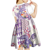 Hawaiian and Japanese Culture Together Kid Short Sleeve Dress Tropical Honu with Japanese Elements Purple Color LT03 - Polynesian Pride