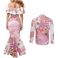 Hawaiian and Japanese Culture Together Couples Matching Mermaid Dress and Long Sleeve Button Shirt Tropical Honu with Japanese Elements Pink Color LT03 - Polynesian Pride