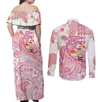 Hawaiian and Japanese Culture Together Couples Matching Off Shoulder Maxi Dress and Long Sleeve Button Shirt Tropical Honu with Japanese Elements Pink Color LT03 - Polynesian Pride