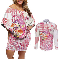 Hawaiian and Japanese Culture Together Couples Matching Off Shoulder Short Dress and Long Sleeve Button Shirt Tropical Honu with Japanese Elements Pink Color LT03 Pink - Polynesian Pride