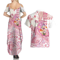 Hawaiian and Japanese Culture Together Couples Matching Summer Maxi Dress and Hawaiian Shirt Tropical Honu with Japanese Elements Pink Color LT03 - Polynesian Pride