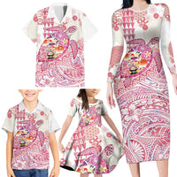 Hawaiian and Japanese Culture Together Family Matching Long Sleeve Bodycon Dress and Hawaiian Shirt Tropical Honu with Japanese Elements Pink Color LT03 - Polynesian Pride