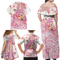 Hawaiian and Japanese Culture Together Family Matching Off Shoulder Maxi Dress and Hawaiian Shirt Tropical Honu with Japanese Elements Pink Color LT03 - Polynesian Pride
