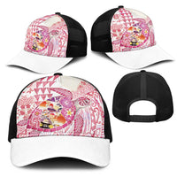 Hawaiian and Japanese Culture Together Mesh Trucker Cap Tropical Honu with Japanese Elements Pink Color