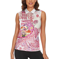 Hawaiian and Japanese Culture Together Women Sleeveless Polo Shirt Tropical Honu with Japanese Elements Pink Color LT03 - Polynesian Pride