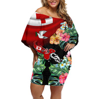 Personalised Tonga Emancipation Day Family Matching Off Shoulder Short Dress and Hawaiian Shirt Flag Map and Hibiscus Flower Ngatu Pattern LT03 Mom's Dress Black - Polynesian Pride