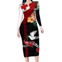 Personalised Tonga Emancipation Day Long Sleeve Bodycon Dress Flag Map and Hibiscus Flower Ngatu Pattern LT03 Long Dress Black - Polynesian Pride