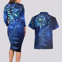 New Zealand Matariki Couples Matching Long Sleeve Bodycon Dress and Hawaiian Shirt Maori Pattern and Silver Fern LT03 - Polynesian Pride