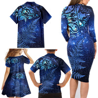 New Zealand Matariki Family Matching Long Sleeve Bodycon Dress and Hawaiian Shirt Maori Pattern and Silver Fern LT03 - Polynesian Pride