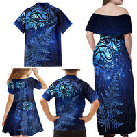 New Zealand Matariki Family Matching Off Shoulder Maxi Dress and Hawaiian Shirt Maori Pattern and Silver Fern LT03 - Polynesian Pride